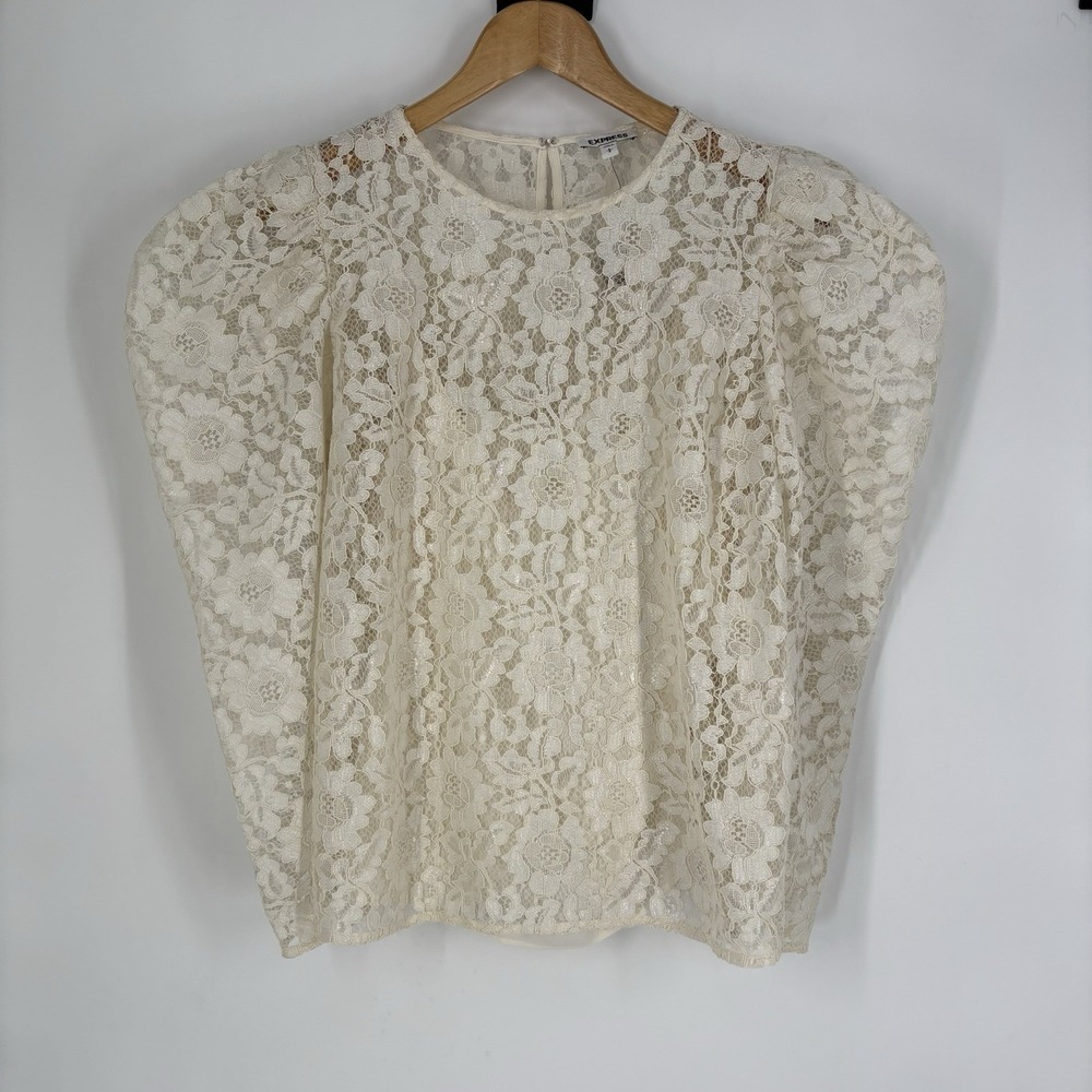 Express Womens Lined‎ Lace Top Size L Ivory Puff Sleeves Romantic Feminine